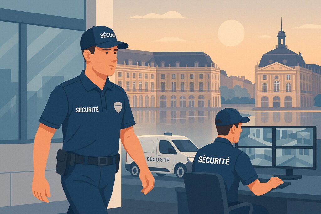 Sécurité privée à Bordeaux : deux agents en uniforme patrouillent et surveillent les caméras devant la Place de la Bourse, illustrant la protection des personnes et des biens en Gironde.